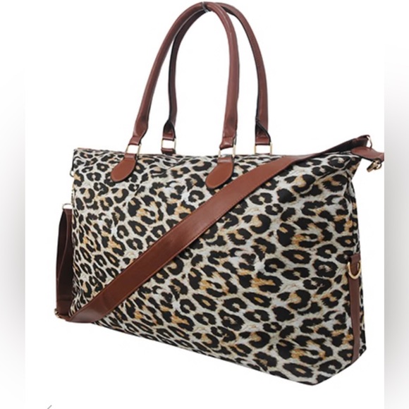 Leopard Print Tote Bag with Brown Accents - Picture 1 of 3